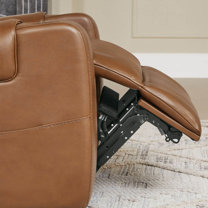 A tan leather recliner with the footrest extended, showcasing the metal frame mechanism.