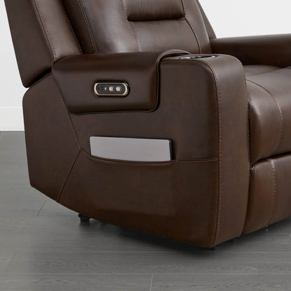 A dark brown leather recliner armrest with a control panel and a storage compartment.