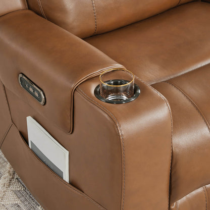 A tan leather recliner with a cup holder and a side pocket containing a book, in a cozy living room setting.
