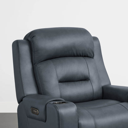 A dark blue leather recliner with a plush headrest and built-in cup holder in the armrest.
