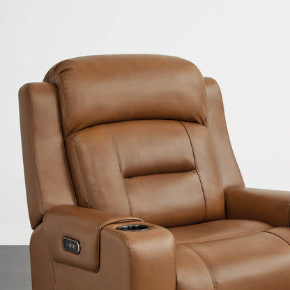 A tan leather recliner with a cup holder and control panel on the armrest, set against a plain background.