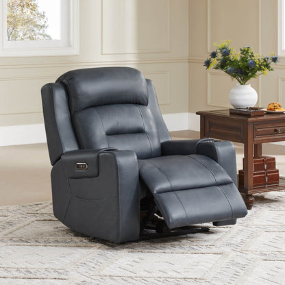A dark gray leather recliner with a power headrest, next to a wooden side table with a vase of flowers.