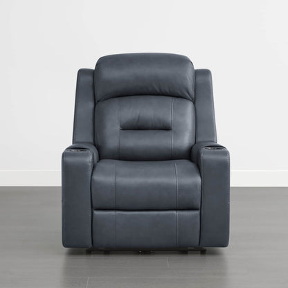 A dark blue leather recliner with cup holders in the armrests, set against a plain background.