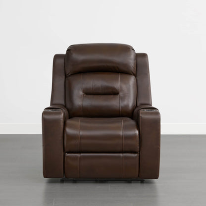 A dark brown leather recliner with cup holders in the armrests, set against a plain background.