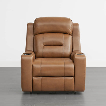 A tan leather recliner with cup holders in the armrests, set against a plain background.