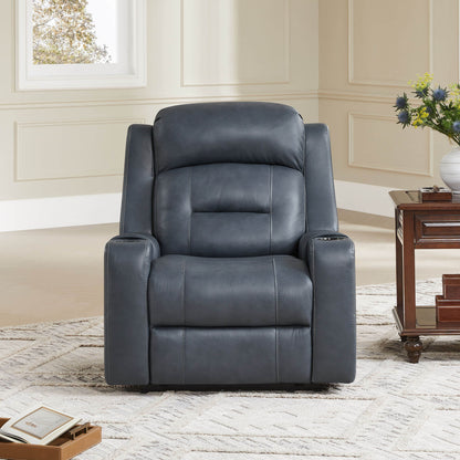 A dark blue leather recliner with cup holders, positioned next to a wooden side table in a cozy living room.