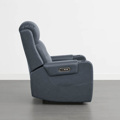 A dark blue leather recliner with a control panel on the armrest and a plush headrest.