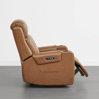A tan leather recliner with a power headrest, cup holders, and control panel on the armrest.
