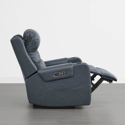 A dark blue leather recliner with a control panel on the armrest and a plush headrest.