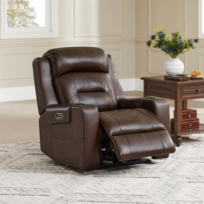 A brown leather recliner with cup holders, next to a wooden side table in a cozy living room setting.
