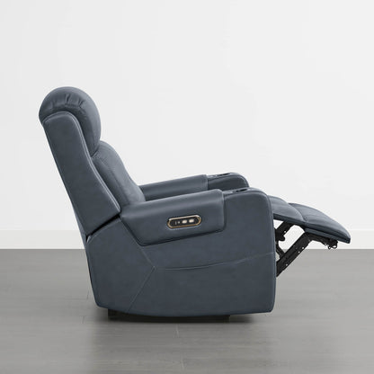 A dark blue leather recliner with a control panel on the armrest and a plush headrest.
