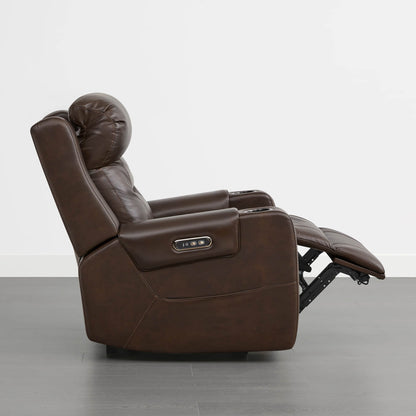 A dark brown leather recliner with a power headrest, cup holders, and control panel on the armrest.