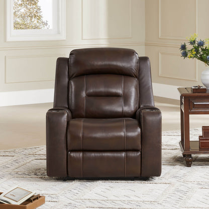 A brown leather recliner with cup holders, next to a wooden side table in a cozy living room setting.