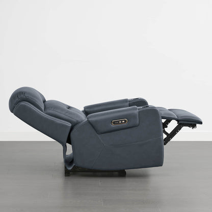 A dark blue leather recliner in the fully reclined position with a control panel on the armrest.