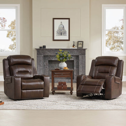 Two brown leather recliners with power headrests in a living room with a fireplace and side table.
