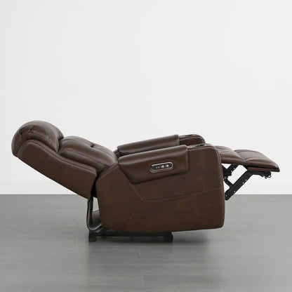 A dark brown leather recliner in the fully reclined position with a control panel on the armrest.