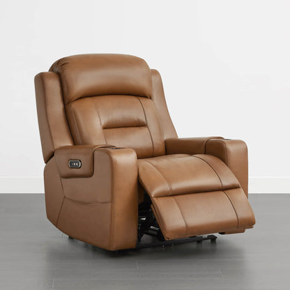 A tan leather recliner with a partially extended footrest and control panel on the armrest.