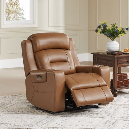 A tan leather recliner with a power headrest, next to a wooden side table in a cozy living room.