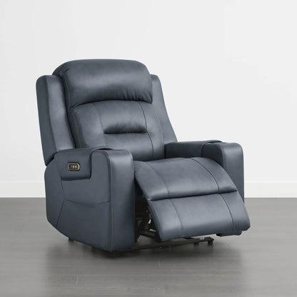 A dark blue leather recliner with a control panel on the armrest, set against a plain background.