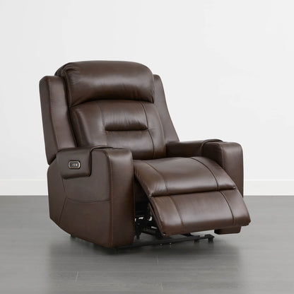 A dark brown leather recliner in the fully reclined position with a control panel on the armrest.