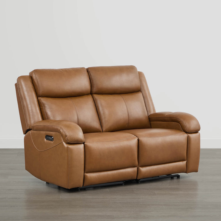 Brown leather Isaac Wall Hugger power reclining sofa with headrest. Modern furniture with USB charging.