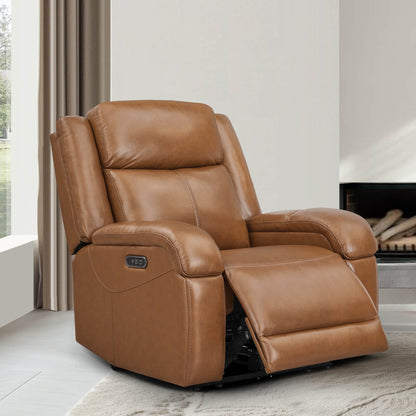 Warm brown leather Isaac Wall Hugger Power Recliner with reclining feature and power controls - CHITA Living