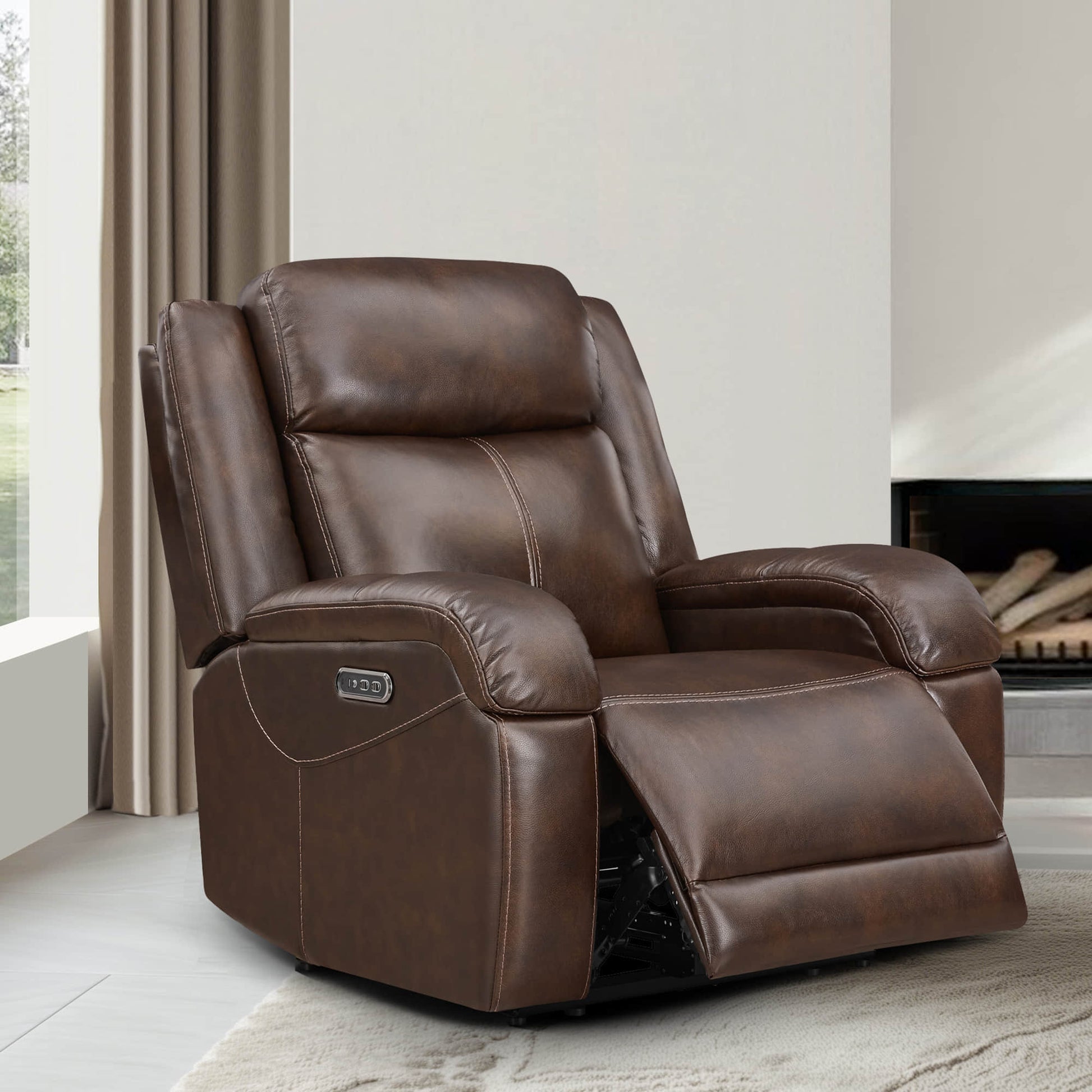 Stylish Isaac Wall Hugger recliner in rich brown leather with adjustable headrest - CHITA Living