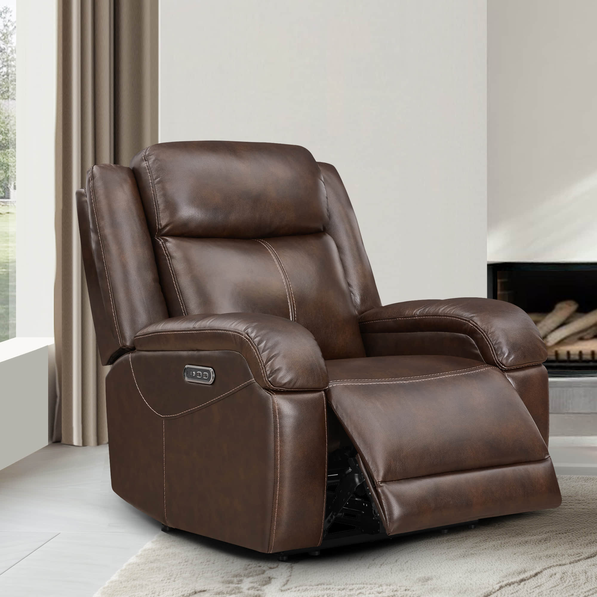 Stylish Isaac Wall Hugger recliner in rich brown leather with adjustable headrest - CHITA Living