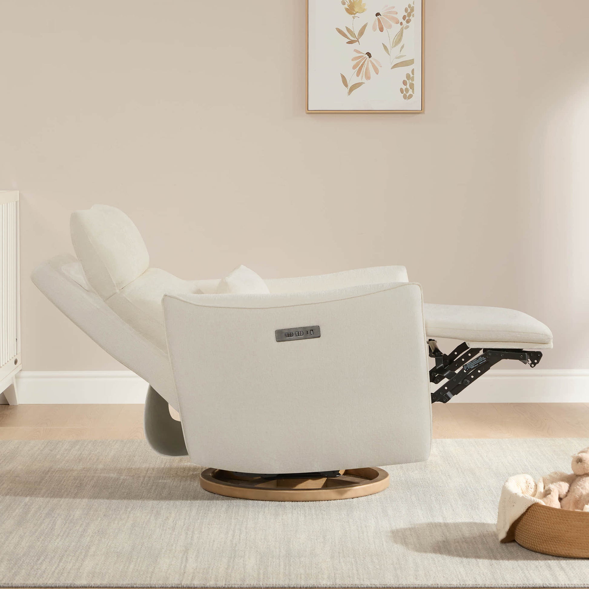 Cream Janice Power Swivel Nursery Glider Recliner, modern nursery furniture with power headrest in nursery setting
