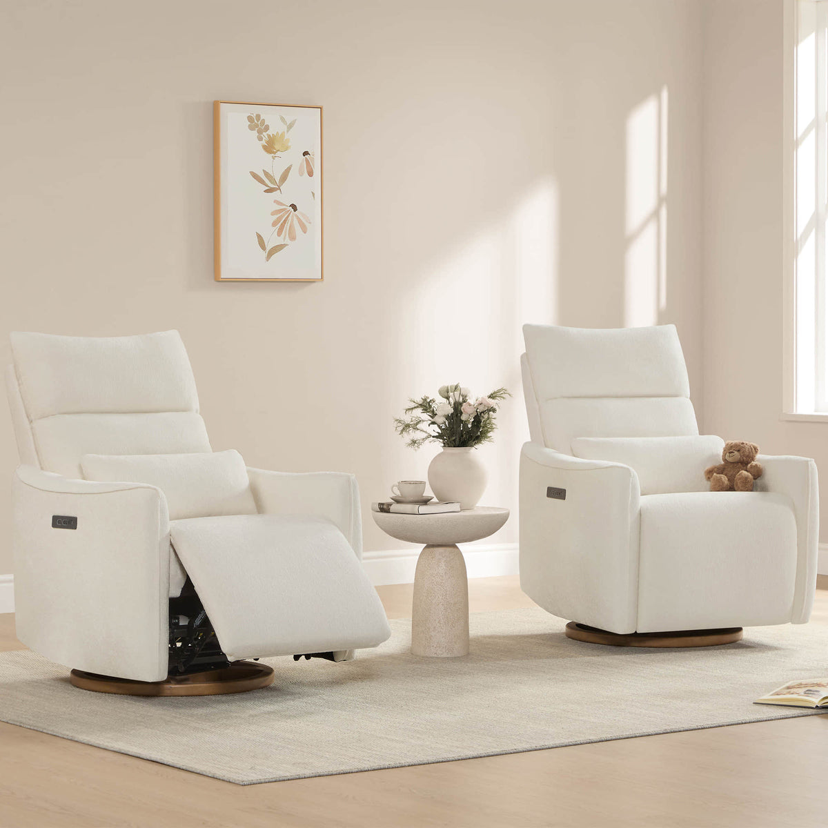 CHITA LIVING white power swivel nursery glider recliner, modern nursery furniture with teddy bear
