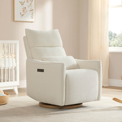 White Janice Power Swivel Nursery Glider Recliner, power headrest, wooden base, modern nursery furniture