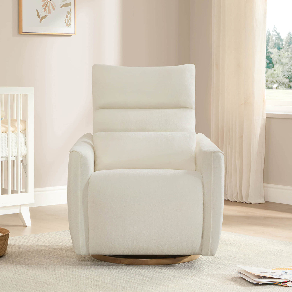 Cream Janice Power Swivel Nursery Glider Recliner, modern nursery furniture with power headrest in nursery setting