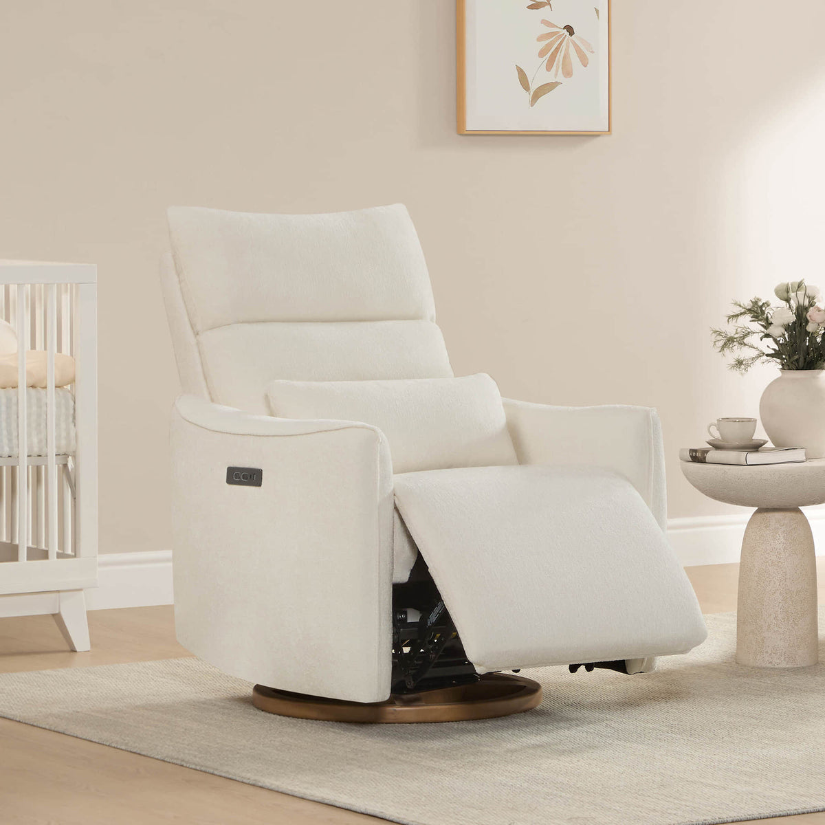 White Janice Power Swivel Nursery Glider Recliner with power headrest, modern nursery furniture