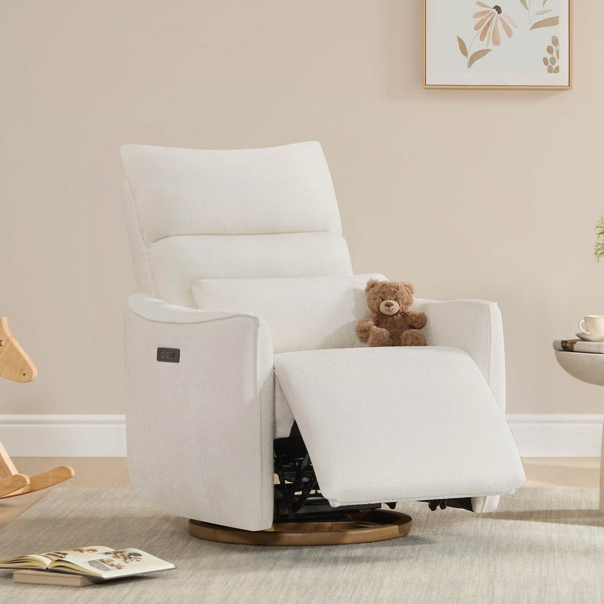 White Janice Power Swivel Nursery Glider Recliner with Teddy Bear, Power Headrest, Nursery Furniture
