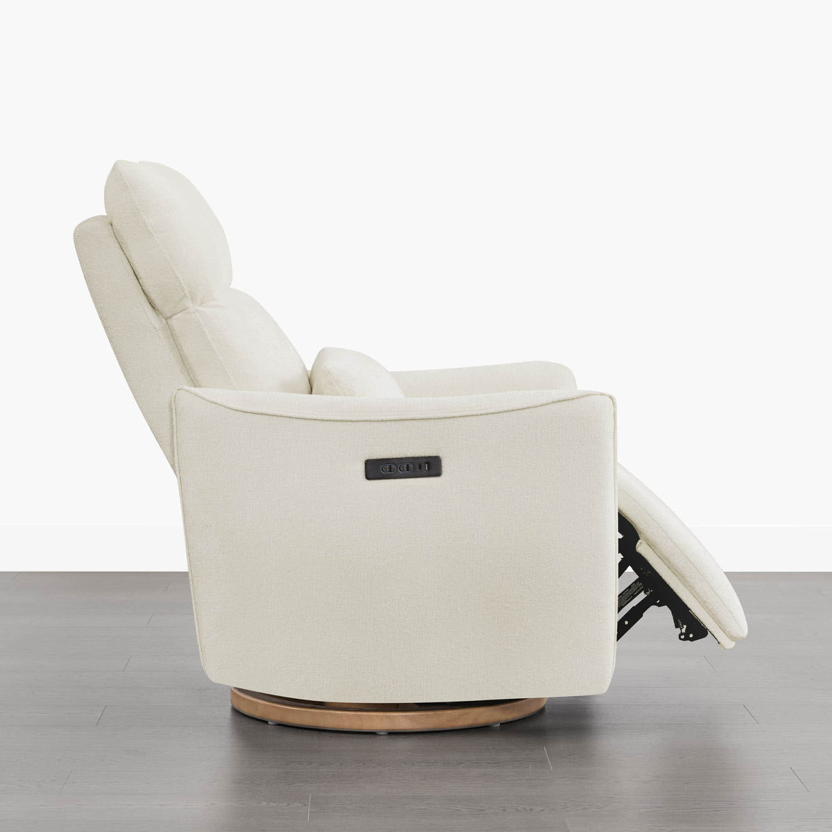 Janice Power Swivel Recliner in white, reclined with power headrest, nursery furniture