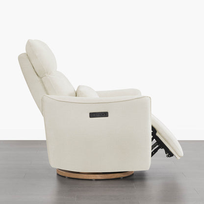 Janice Power Swivel Recliner in white, reclined with power headrest, nursery furniture