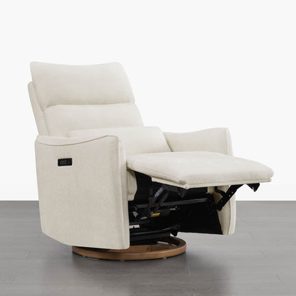 White Janice Power Swivel Nursery Glider Recliner, power headrest, modern nursery furniture, comfortable design
