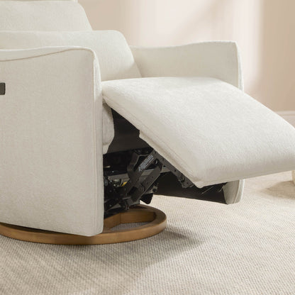 White power swivel nursery glider recliner with extended footrest and wooden base, modern nursery furniture