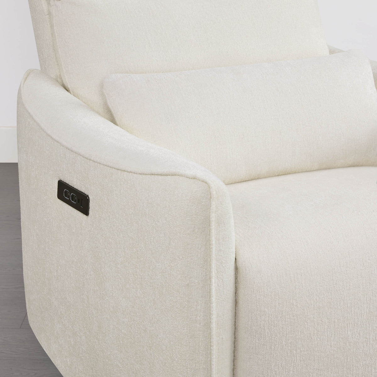 White Janice Power Swivel Nursery Glider Recliner with power headrest detail, modern nursery furniture