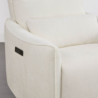 White Janice Power Swivel Nursery Glider Recliner with power headrest detail, modern nursery furniture
