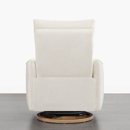 Rear view of Janice Power Swivel Nursery Glider Recliner in white fabric with wooden base.