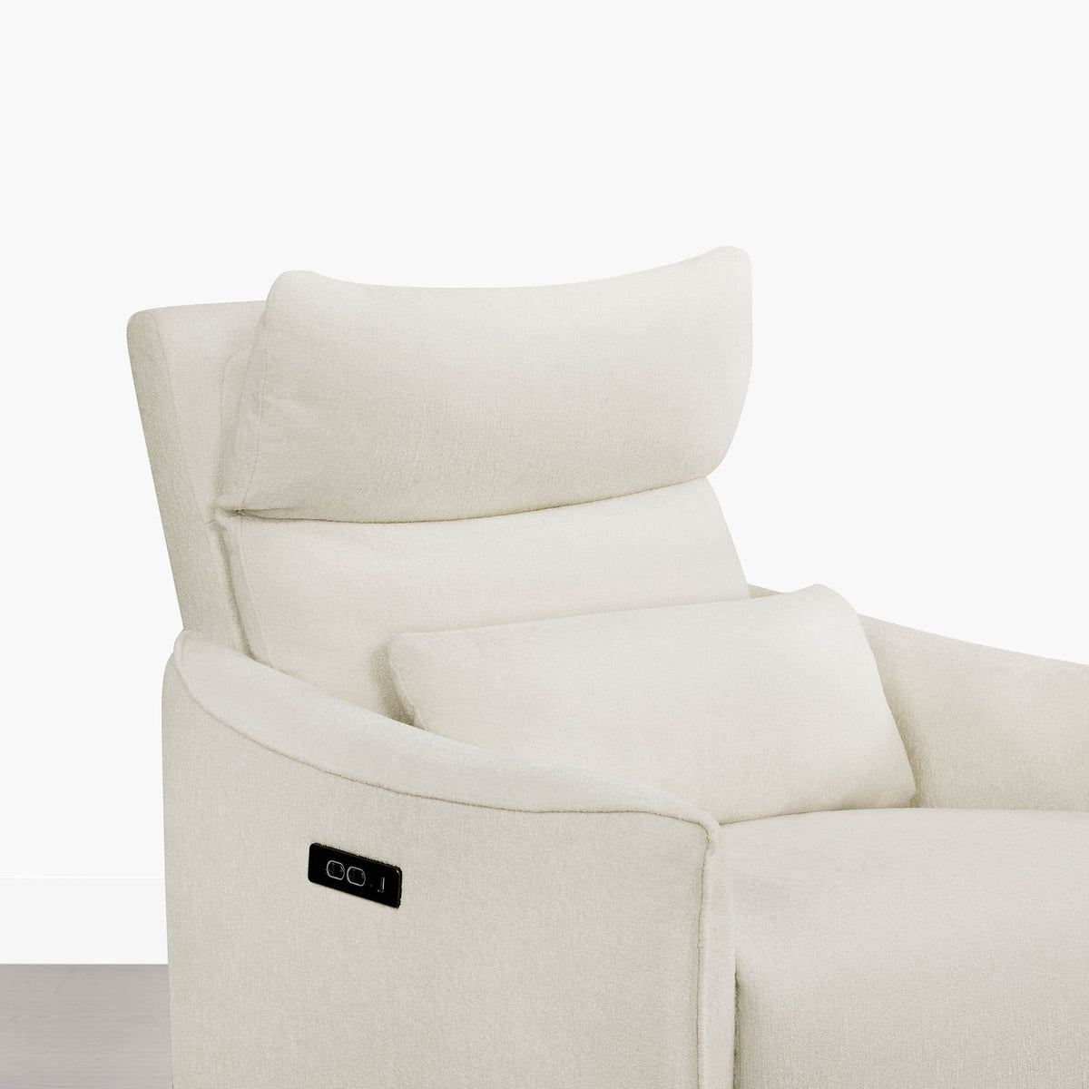 Cream Janice Power Swivel Nursery Glider Recliner detail, power headrest, modern nursery furniture.