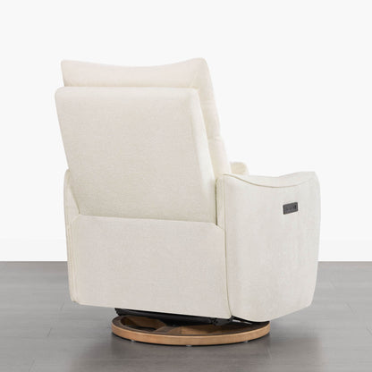 White Janice Power Swivel Nursery Glider Recliner, wooden base, modern nursery furniture, power headrest.