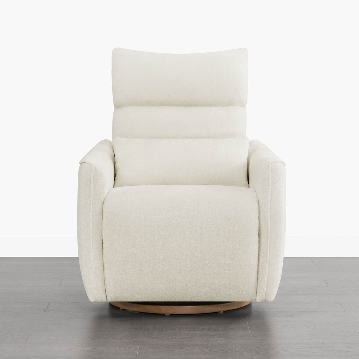 White Janice Power Swivel Nursery Glider Recliner with power headrest on wood base, modern nursery furniture