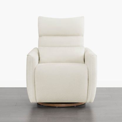 White Janice Power Swivel Nursery Glider Recliner with power headrest on wood base, modern nursery furniture