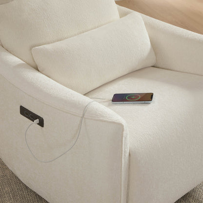 White Janice Power Swivel Recliner with USB charging, modern nursery furniture