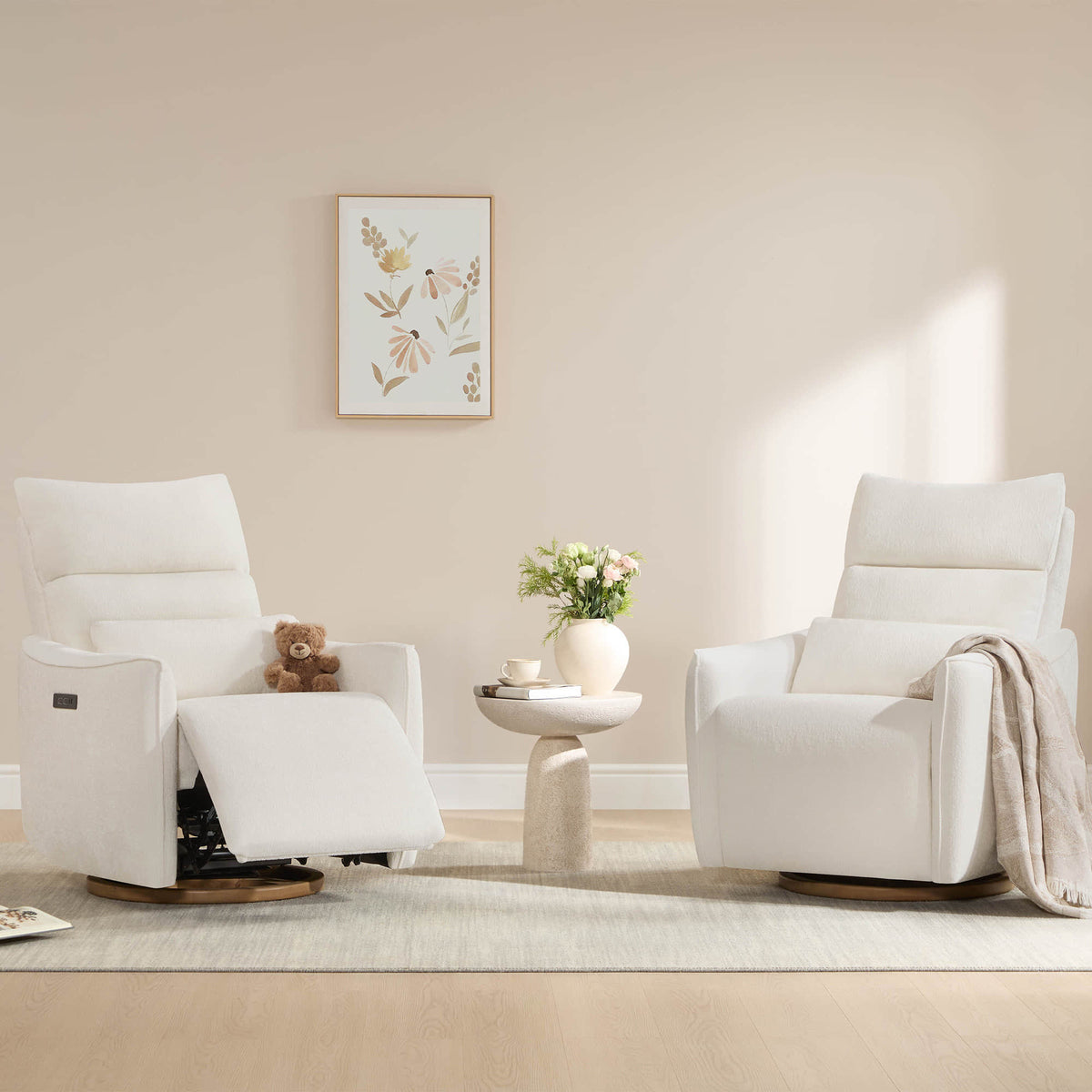 White Janice Power Swivel Nursery Glider Recliners, teddy bear, stylish nursery furniture, comfortable.