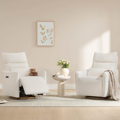 White Janice Power Swivel Nursery Glider Recliners, teddy bear, stylish nursery furniture, comfortable.