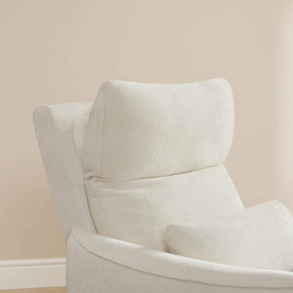 White power swivel nursery glider recliner with headrest detail. Soft, textured fabric, comfortable modern nursery furniture.