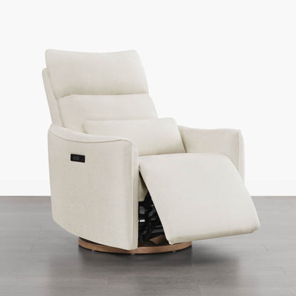 Janice Power Swivel Glider Recliner, modern nursery furniture, white fabric, power headrest